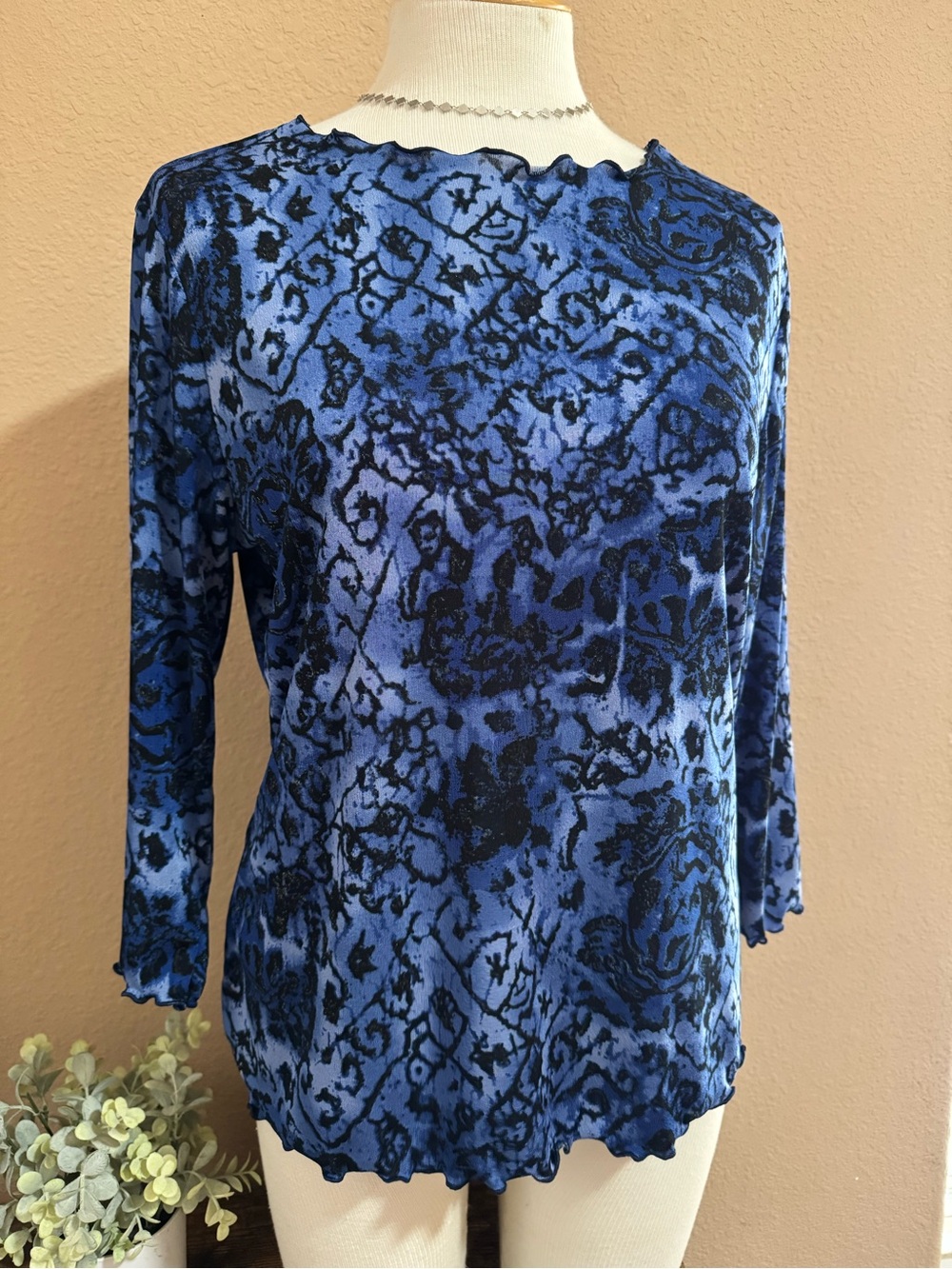 Vintage All Hours Whimsigoth Abstract Women's Blue Patterned Quarter Sleeve Top